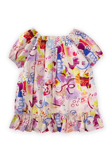 Yaka Kol Lastikli Poplin Elbise 2-7 Yaş Ekru Fuşya