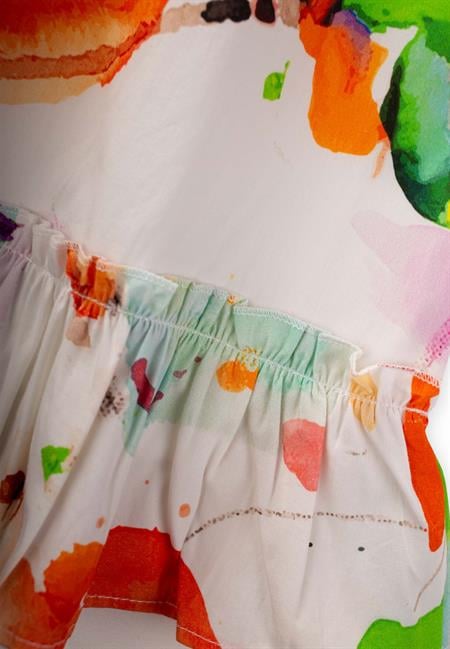 Yaka Kol Lastikli Poplin Elbise 2-7 Yaş Ekru Desenli