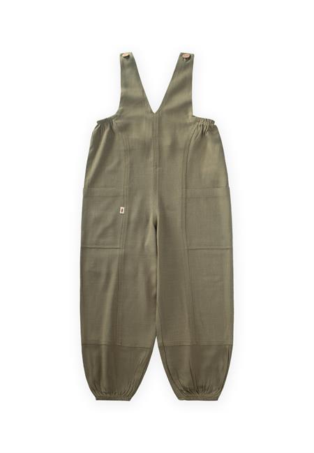 V Yaka Paça Lastikli Keten Salopet 2-7 Yaş Haki Yeşil