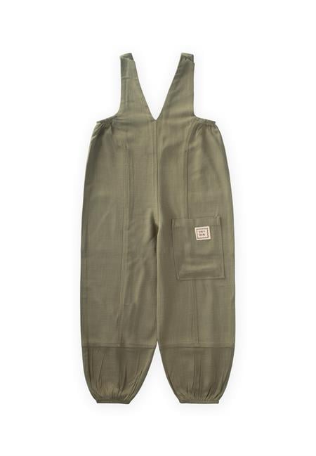 V Yaka Paça Lastikli Keten Salopet 2-7 Yaş Haki Yeşil