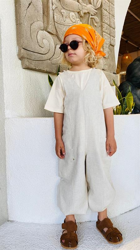 V Yaka Paça Lastikli Keten Salopet 2-7 Yaş Naturel