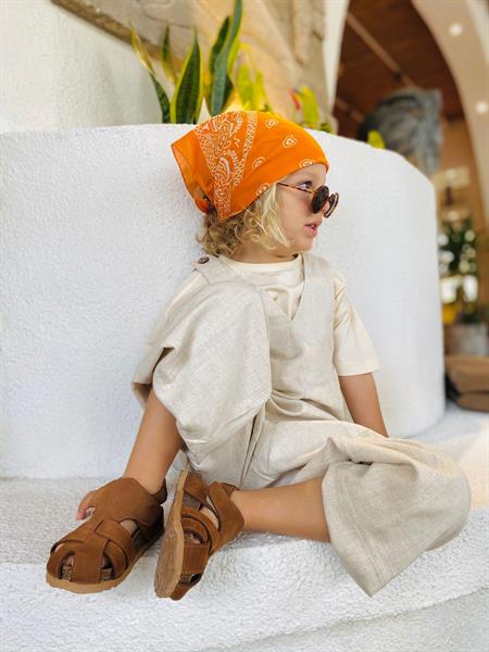 V Yaka Paça Lastikli Keten Salopet 2-7 Yaş Naturel