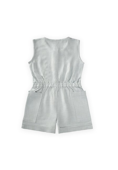 Yanları Cepli Kısa Boy Keten Tulum 2-7 Yaş Mint Yeşili