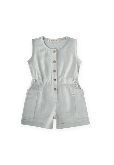 Yanları Cepli Kısa Boy Keten Tulum 2-7 Yaş Mint Yeşili