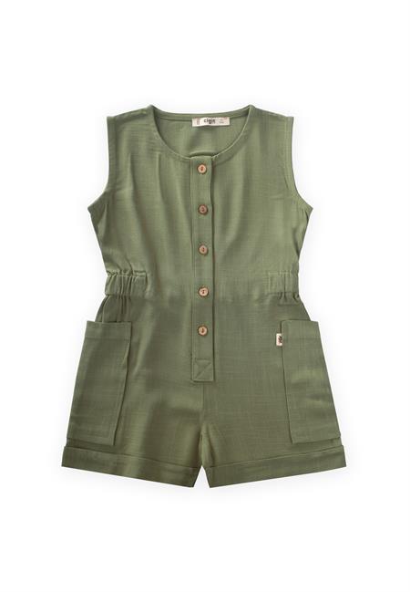 Yanları Cepli Kısa Boy Keten Tulum 2-7 Yaş Haki Yeşil