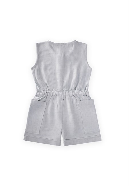 Yanları Cepli Kısa Boy Keten Tulum 2-7 Yaş Mavi