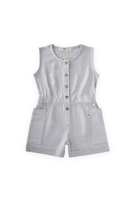 Yanları Cepli Kısa Boy Keten Tulum 2-7 Yaş Mavi