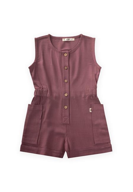 Yanları Cepli Kısa Boy Keten Tulum 2-7 Yaş Mürdüm