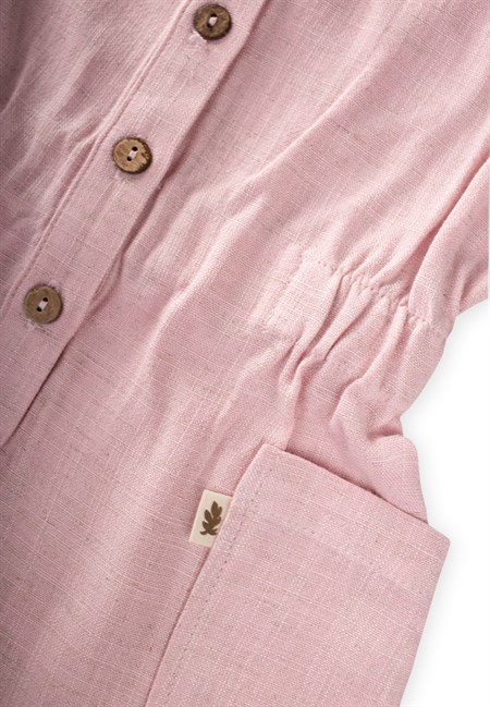 Yanları Cepli Kısa Boy Keten Tulum 2-7 Yaş Pembe