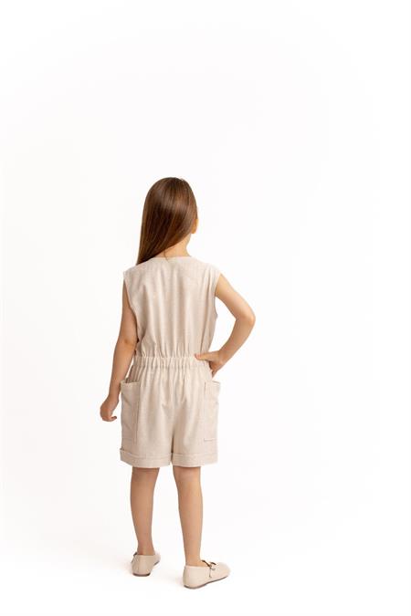 Yanları Cepli Kısa Boy Keten Tulum 2-7 Yaş Naturel