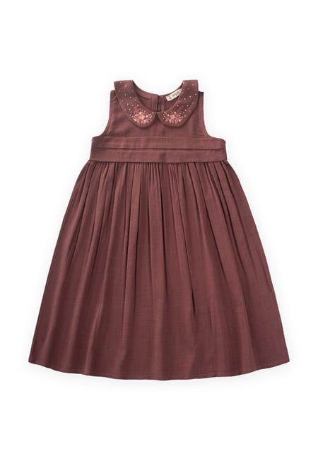 Bebe Yaka Nakışlı Keten Elbise 2-7 Yaş Mürdüm