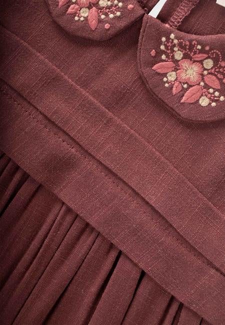 Bebe Yaka Nakışlı Keten Elbise 2-7 Yaş Mürdüm