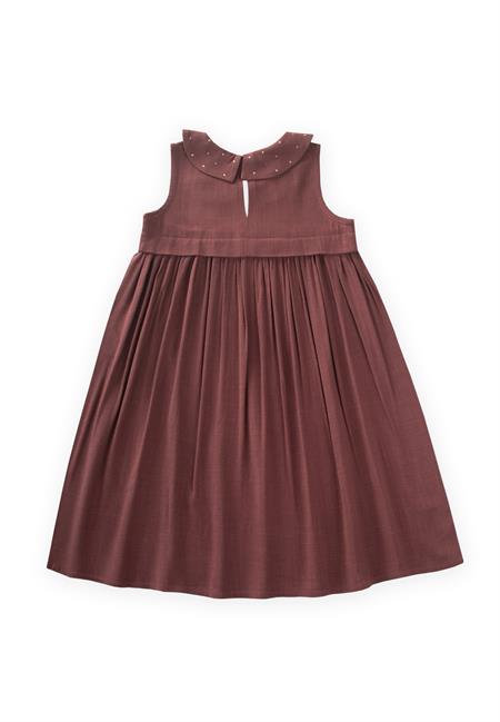 Bebe Yaka Nakışlı Keten Elbise 2-7 Yaş Mürdüm