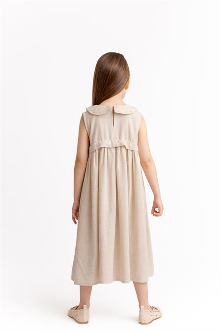 Bebe Yaka Nakışlı Keten Elbise 2-7 Yaş Naturel