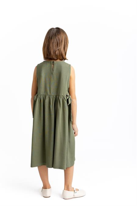 Nakışlı Yandan Bağlamalı Keten Elbise 2-7 Yaş Haki Yeşil