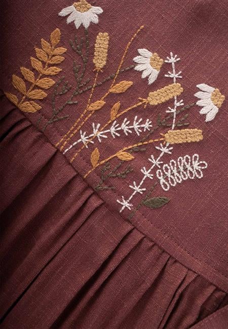 Nakışlı Yandan Bağlamalı Keten Elbise 2-7 Yaş Mürdüm