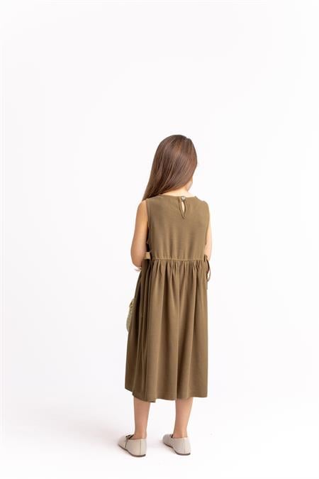 Nakışlı Yandan Bağlamalı Keten Elbise 2-7 Yaş Camel