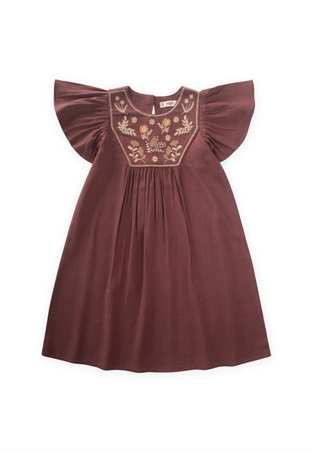 Robası Nakışlı Keten Elbise 2-7 Yaş Mürdüm