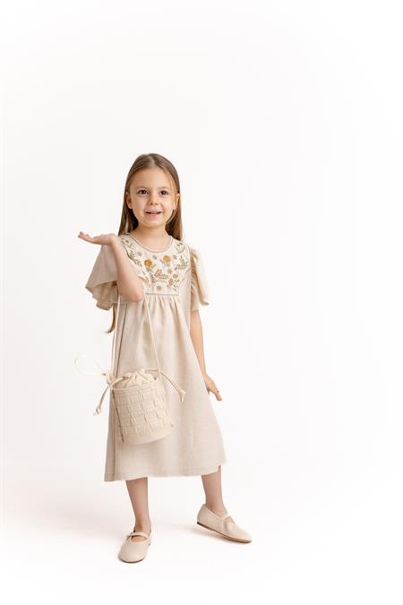 Robası Nakışlı Keten Elbise 2-7 Yaş Naturel