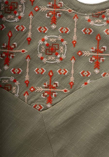 Roba Komple Nakışlı Keten Salopet 2-7 Yaş Haki Yeşil