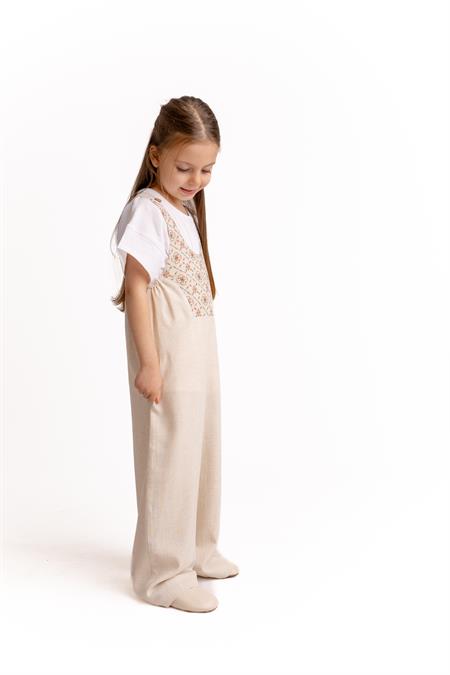 Roba Komple Nakışlı Keten Salopet 2-7 Yaş Naturel