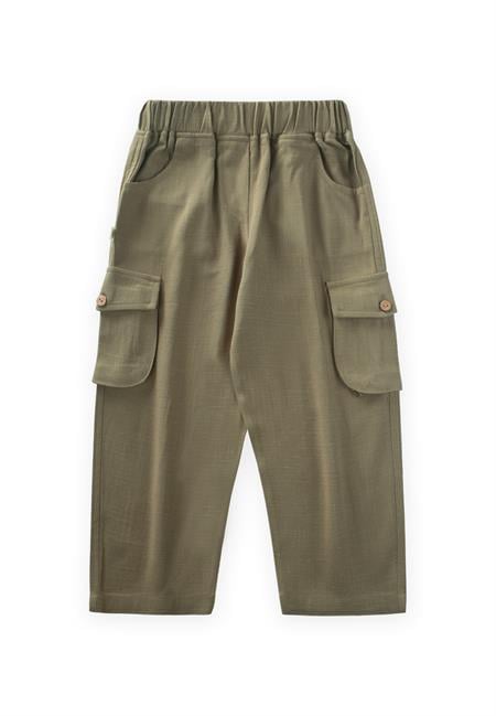 Çift Körük Cepli Keten Pantolon 2-7 Yaş Haki Yeşil