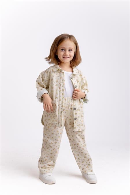 Çiçek Desenli Gabardin Ceket 2-7 Yaş Ekru Çiçekli