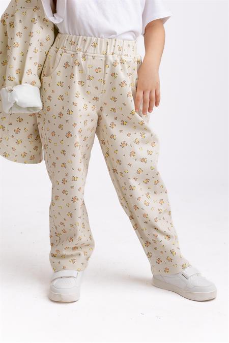Çiçekli Gabardin Pantolon 2-7 Yaş Ekru Çiçekli