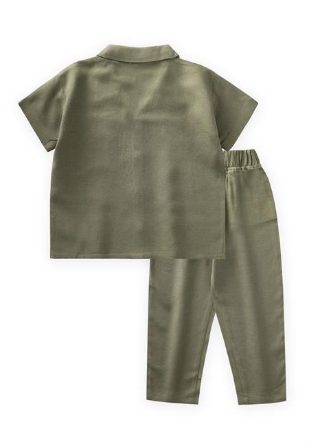 Cebi Nakışlı Gömlek Pantolon Keten Takım 2-7 Yaş Haki Yeşil