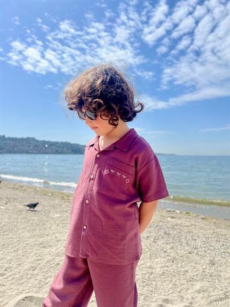 Cebi Nakışlı Gömlek Pantolon Keten Takım 2-7 Yaş Mürdüm