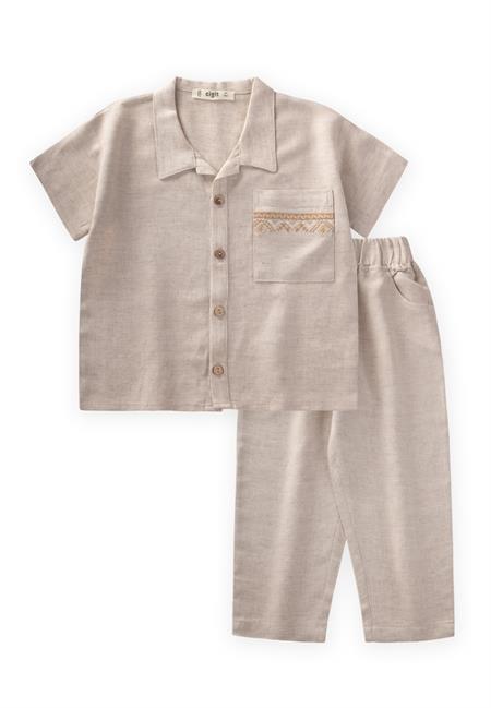 Cebi Nakışlı Gömlek Pantolon Keten Takım 2-7 Yaş Naturel