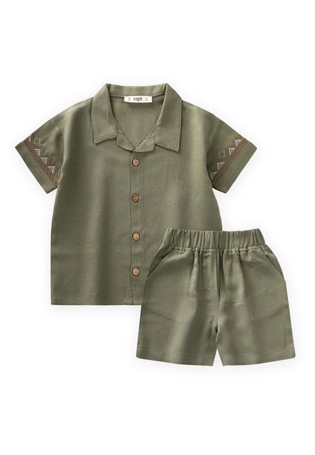 Kolları Nakışlı Gömlek Şort Keten Takım 2-7 Yaş Haki Yeşil
