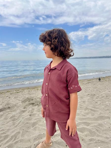 Kolları Nakışlı Gömlek Şort Keten Takım 2-7 Yaş Mürdüm