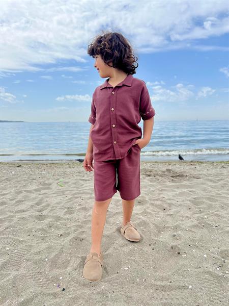 Kolları Nakışlı Gömlek Şort Keten Takım 2-7 Yaş Mürdüm