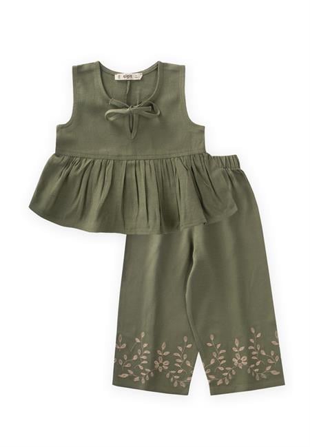 Paçaları Nakışlı Keten Takım 2-7 Yaş Haki Yeşil