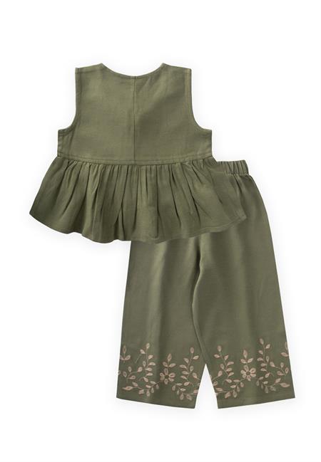 Paçaları Nakışlı Keten Takım 2-7 Yaş Haki Yeşil