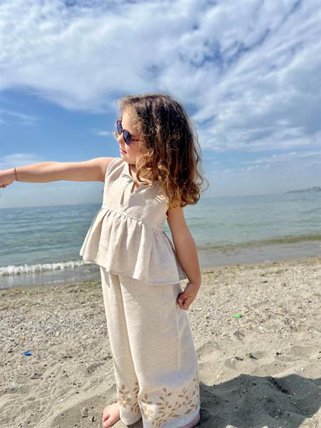 Paçaları Nakışlı Keten Takım 2-7 Yaş Naturel