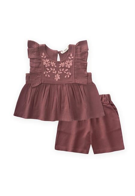 Robası Nakışlı Şortlu Keten Takım 2-7 Yaş Mürdüm