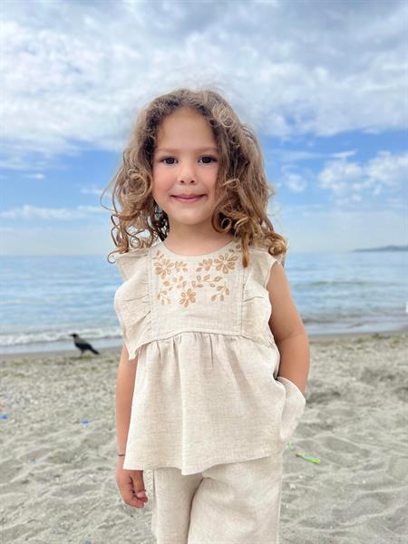 Robası Nakışlı Şortlu Keten Takım 2-7 Yaş Naturel