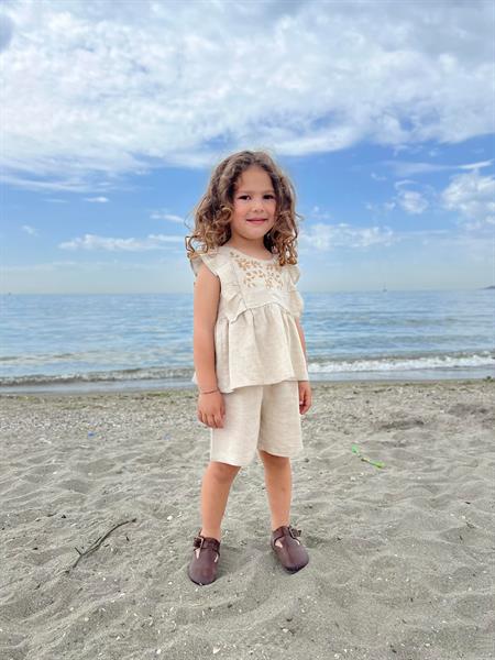 Robası Nakışlı Şortlu Keten Takım 2-7 Yaş Naturel