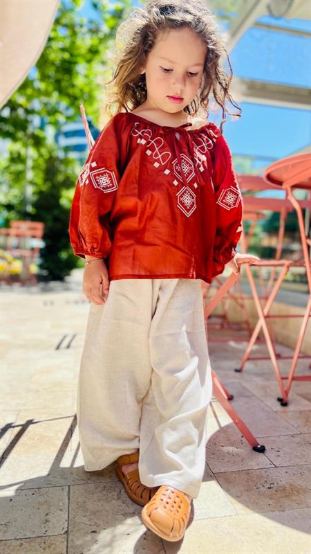 Kol Ve Ön Nakışlı Keten Pantolon Takım 2-7 Yaş Taba