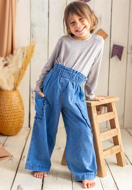 Cebi Fırfırlı Bol Kesim Kot Pantolon 2-7 Yaş Mavi