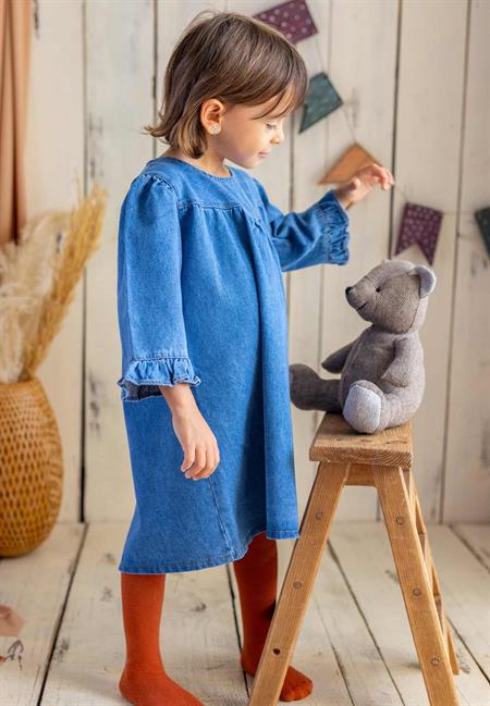 Arkadan Düğmeli Kot Elbise 2-7 Yaş Mavi