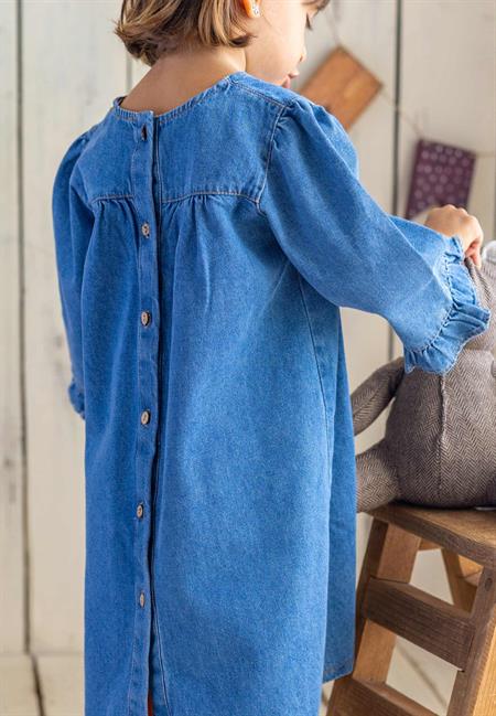 Arkadan Düğmeli Kot Elbise 2-7 Yaş Mavi