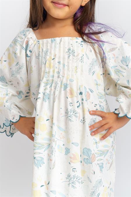 Dilim Nakışlı Poplin Elbise 2-7 Yaş Ekru Desenli