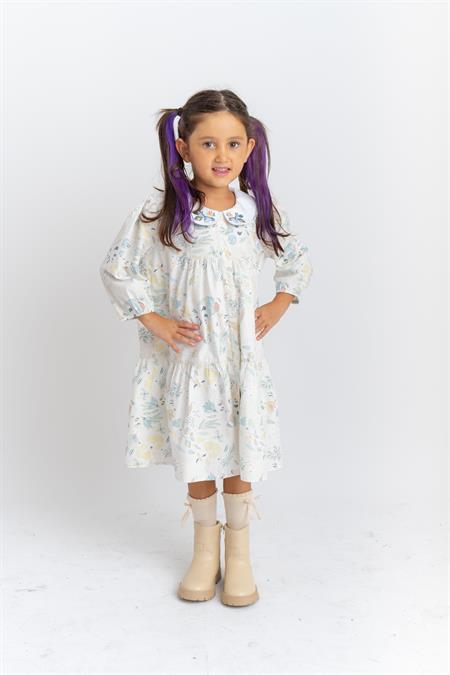 Bebe Yaka Nakışlı Poplin Elbise 2-7 Yaş Ekru Desenli