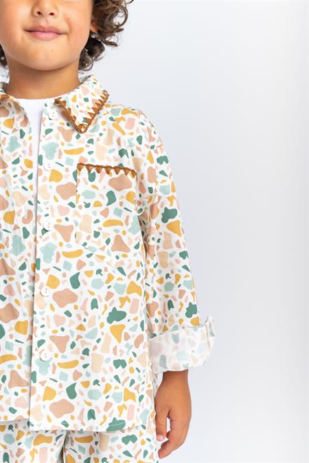 Yaka Ve Cep Nakışlı Poplin Takım 2-7 Yaş Ekru Desen