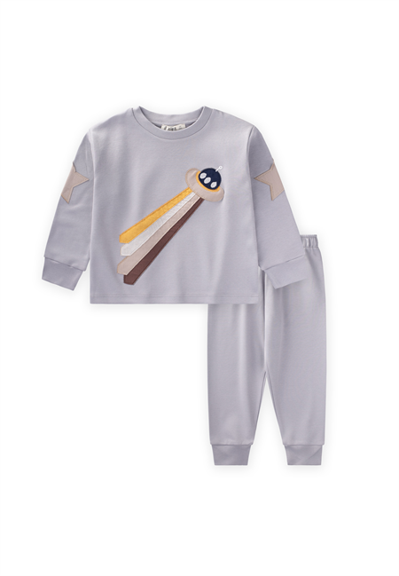 Uzay Aracı Aplikeli Pijama Takım 2-8 Yaş Gri