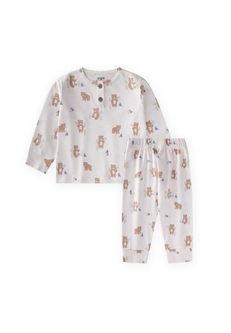 Animal Desenli Pijama Takım 1-5 Yaş Kırık Beyaz