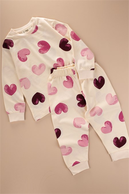 Desenli Pijama Takımı 2-8 Yaş Ekru Kalp Desenli